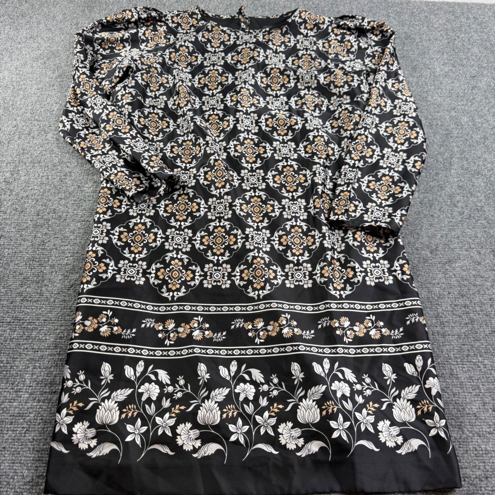 Ann Taylor Shift Dress Large Black Floral Medallion Long Sleeve Women